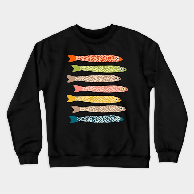 ANCHOVIES Bright Graphic Fun Groovy Fish in Vintage Orange Yellow Pink Blue Green Beige on Charcoal - Horizontal Layout - UnBlink Studio by Jackie Tahara Crewneck Sweatshirt by UnBlink Studio by Jackie Tahara